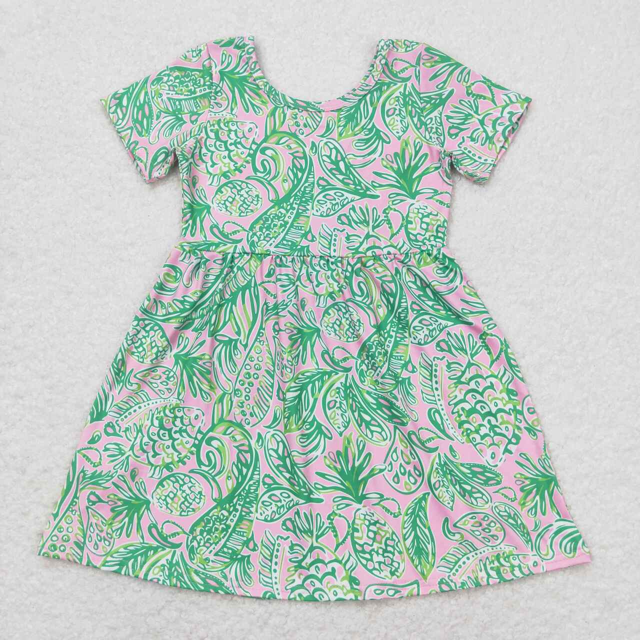 GSD1113 green fish leaf pink short sleeve girls dress bright color