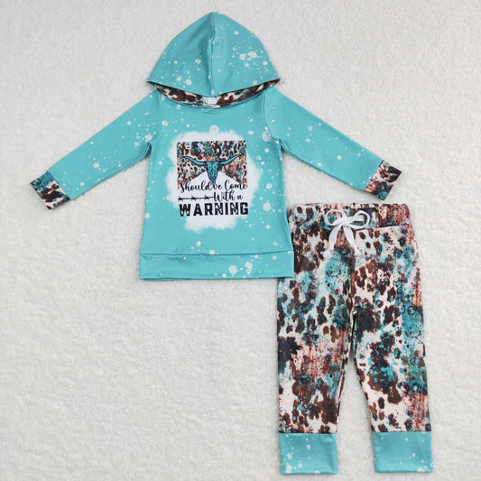 BLP0354 Warning cow blue hoodie ink pattern pants boys set