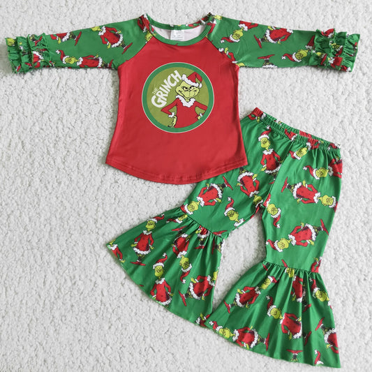 6 A13-20 Christmas green face Long Ruffles Sleeve Christmas Bell-bottom Pants Kids Sets