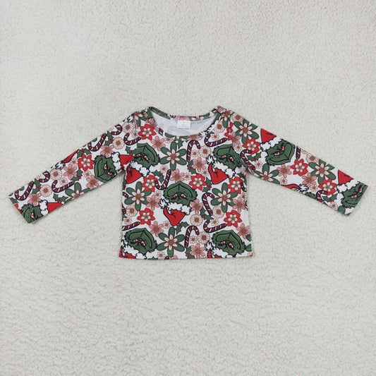 GT0326 Christmas green face  long sleeve girls top