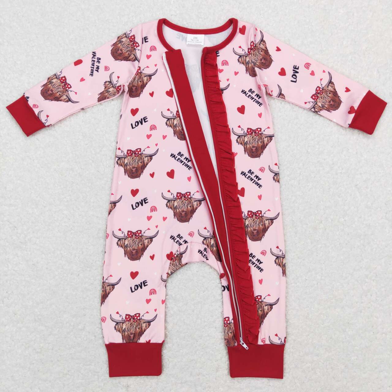 LR0804 Valentine's Day highland cow pink long sleeve girls romper