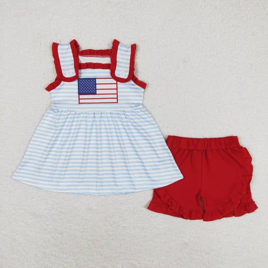 GSSO0755 embroidery July 4th flag blue striped sleeveless red shorts girls set