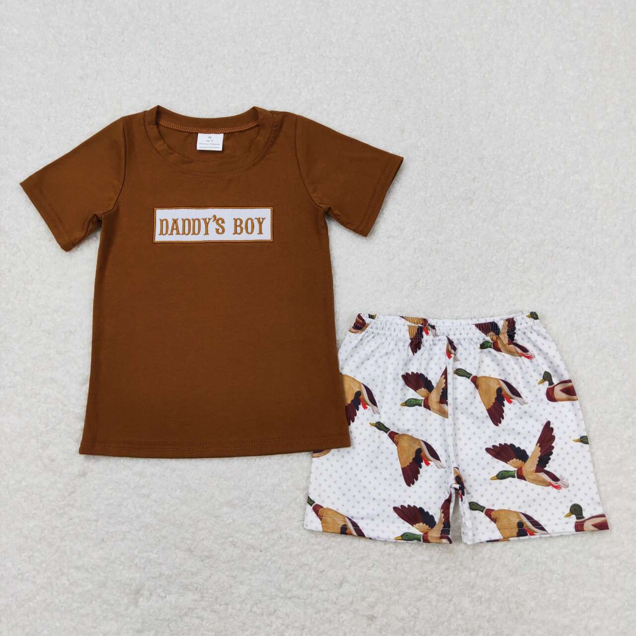 BSSO0719 embroidery daddy's boy brown short sleeve mallard duck shorts boys set