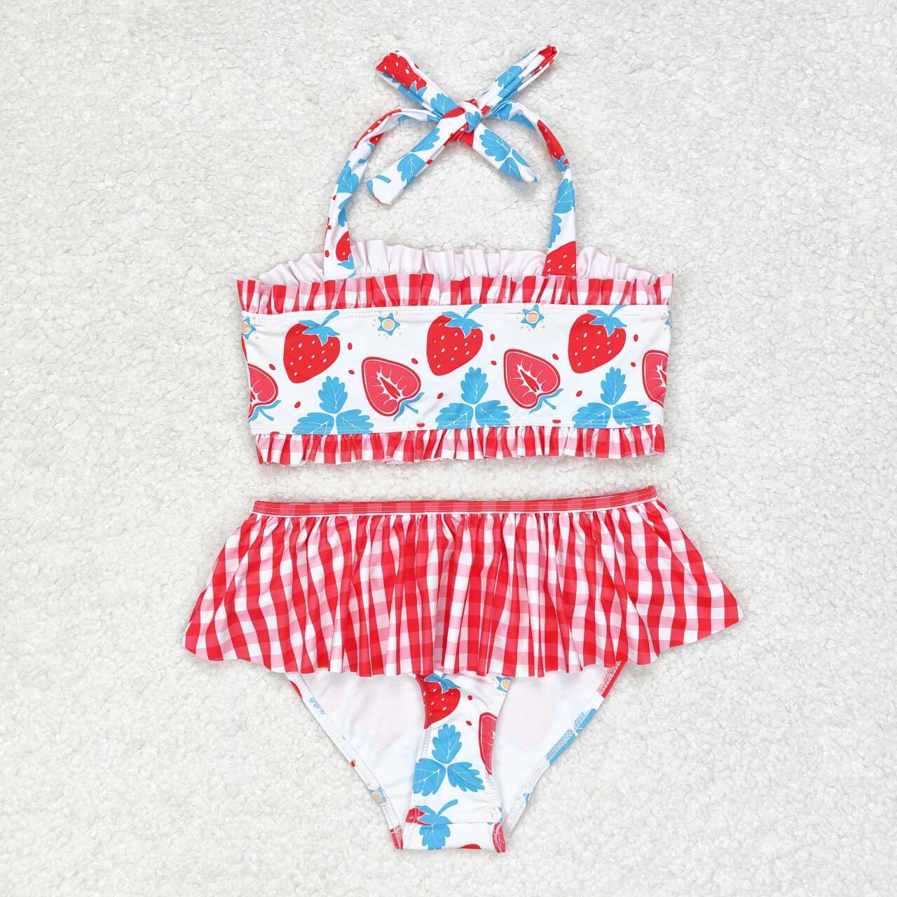 S0316 strawberry checkered lace-up girls swimsuits