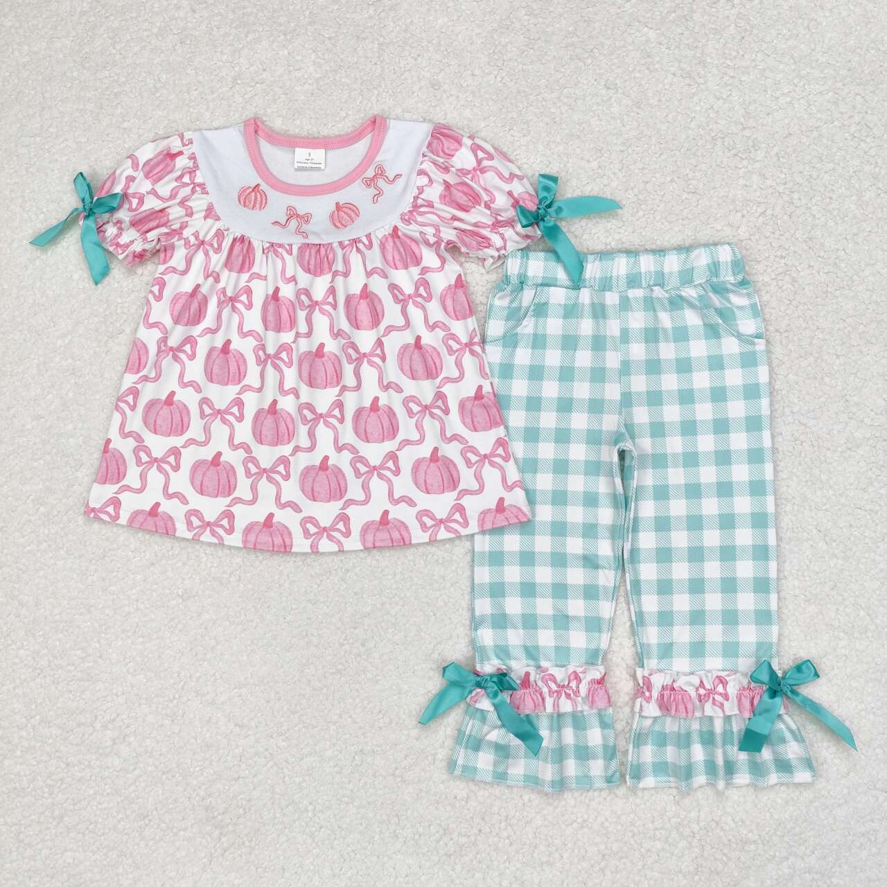 GSPO1627 embroidery On October we are wear pink pumpkin bows short sleeve cyan checkered pants girls set