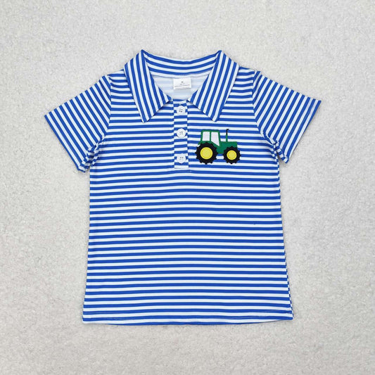 BT0689 embroidery cute tractor navy blue striped short sleeve boys top
