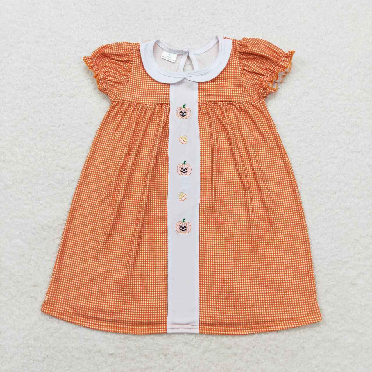 GSD1337 embroidery Halloween pumpkin orange checkered short sleeve girls dress