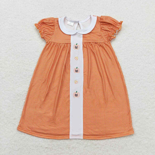 GSD1337 embroidery Halloween pumpkin orange checkered short sleeve girls dress