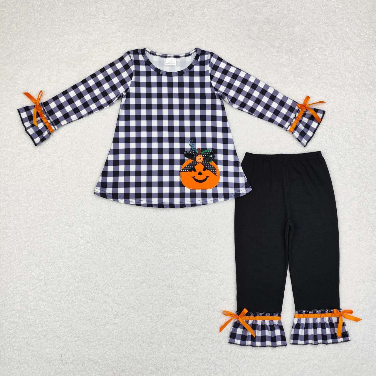 embroidery GLP1674 Halloween pumpkin black checkered long sleeve pants girls set