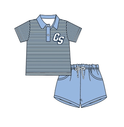 custom style CS football navy blue striped short sleeve blue shorts boys set