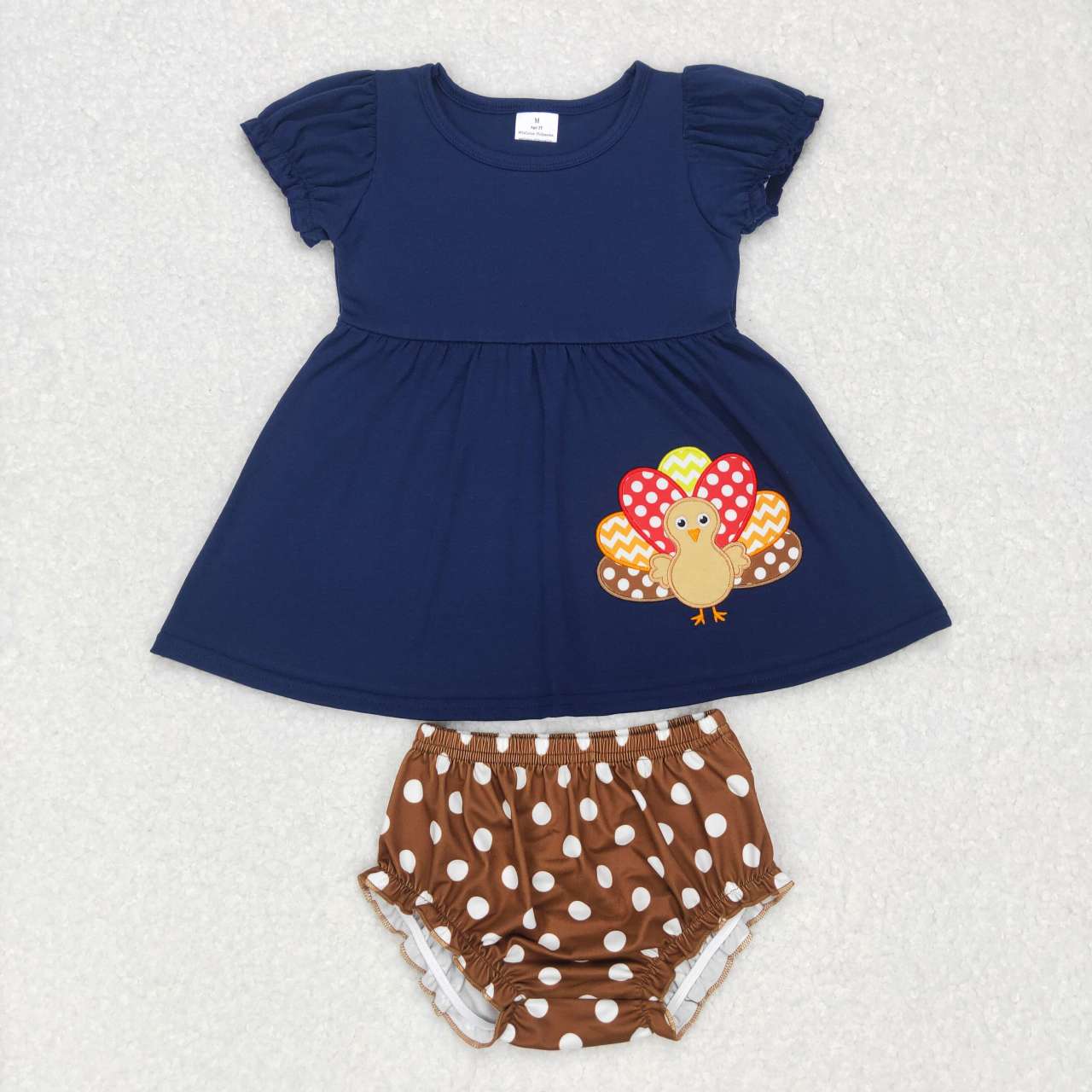 GBO0183 Thanksgiving turkey navy short sleeve brown dot girls bummies set