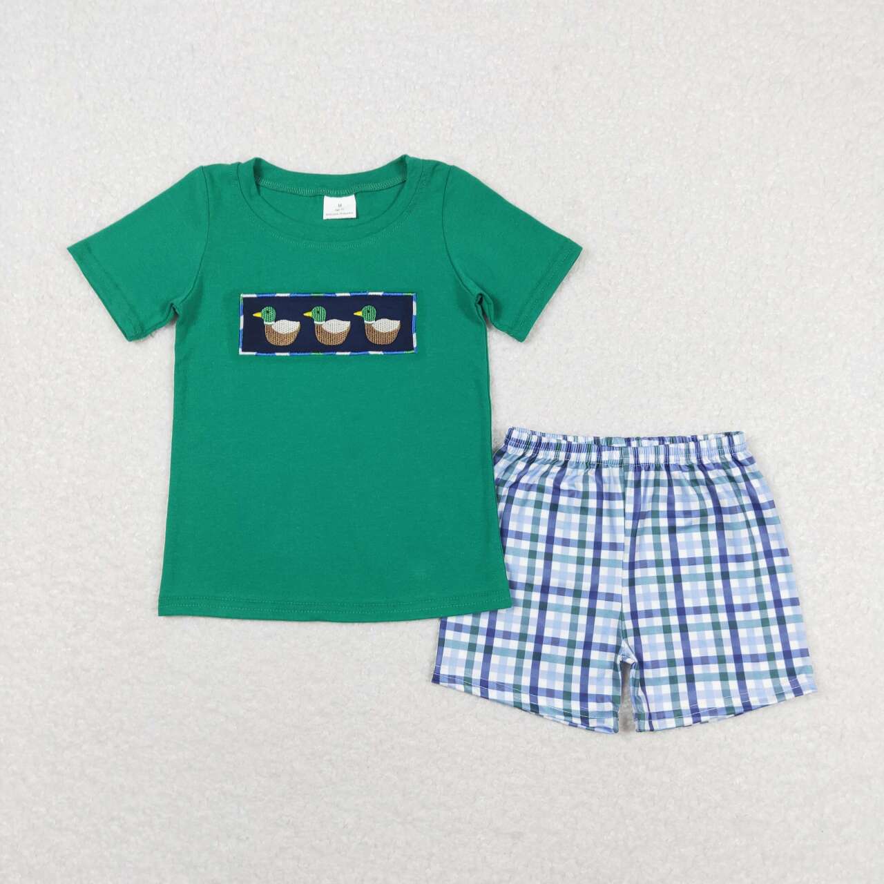 BSSO0589 embroidery Mallard green short sleeve checkered shorts boys set