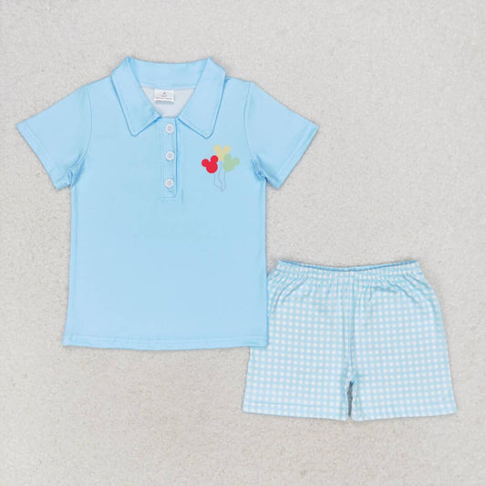 BSSO0683 Cartoon M balloon blue short sleeve checkered shorts boys set