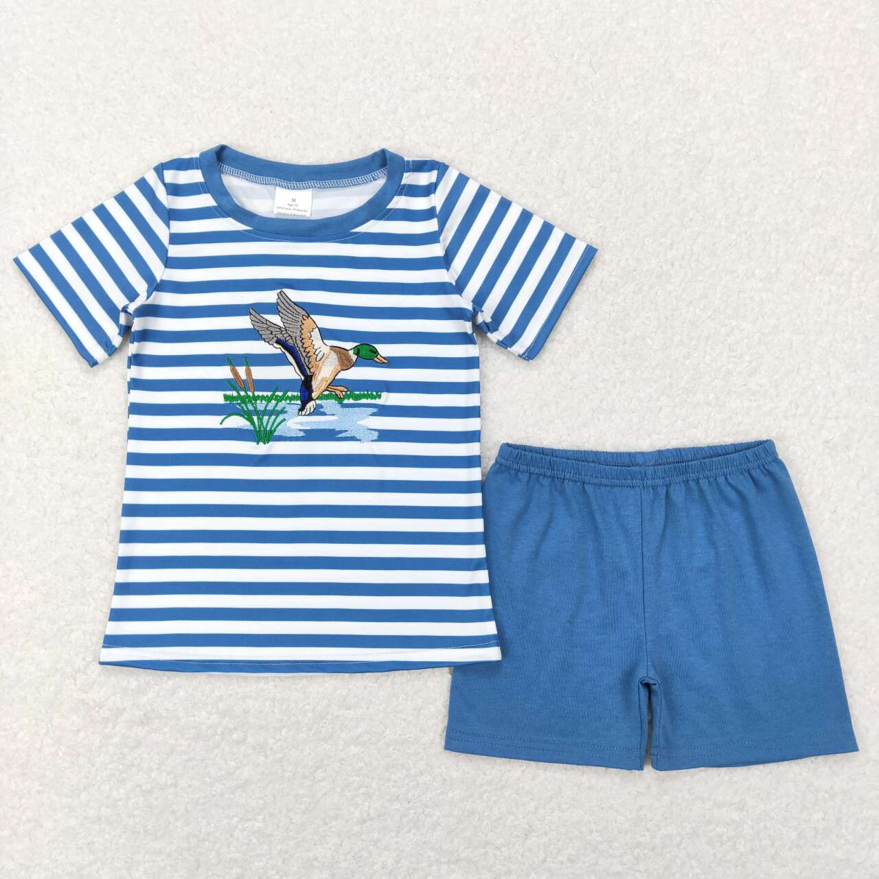 BSSO0308 Hunting mallard blue striped short sleeve blue shorts boys set
