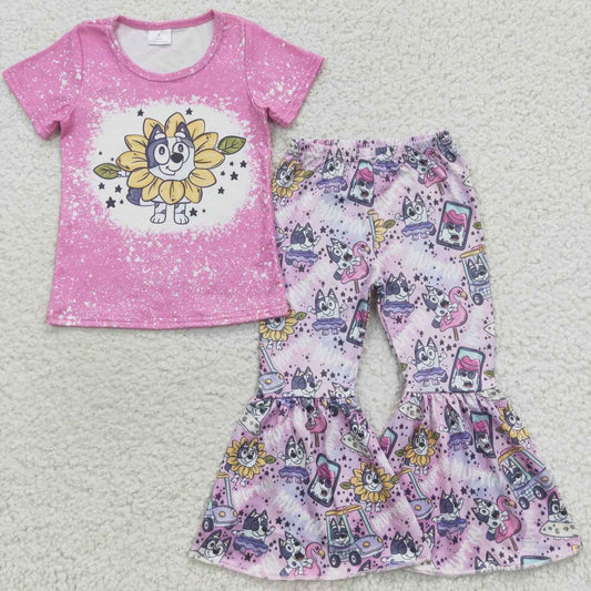 GSPO0689 Cartoon Dog Hot Pink Short Sleeves Bell Pants Girls Set