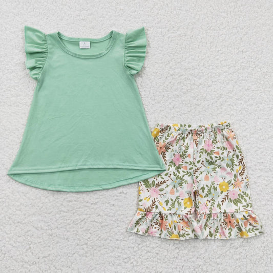 GSSO0297 Green Flutter Sleeve Hi-low Tunic Match Flower Print Shorts Girls Set