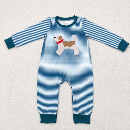 LR0727 Dog blue striped long sleeve kids romper