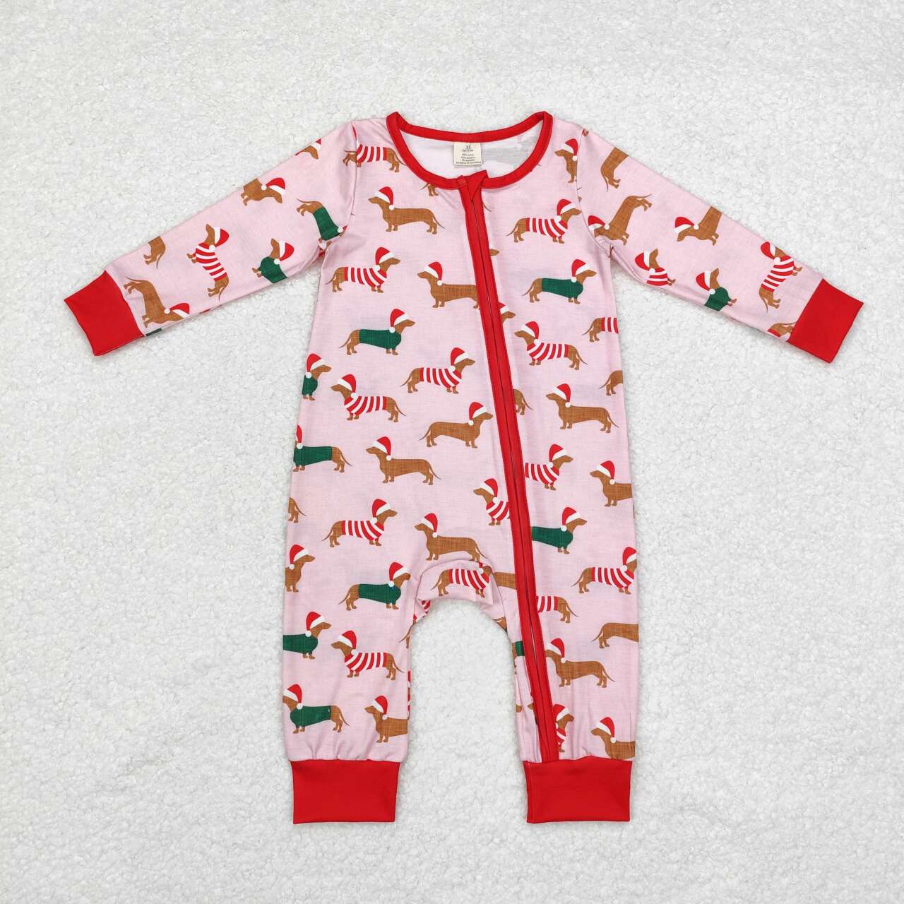 bamboo LR1081 Christmas dachshund hat pink long sleeve girls zipper romper