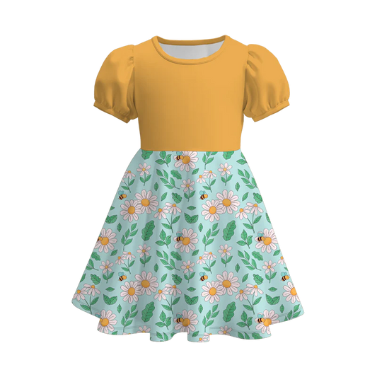 custom moq 3 flowers bee yellow short sleeve girls dress