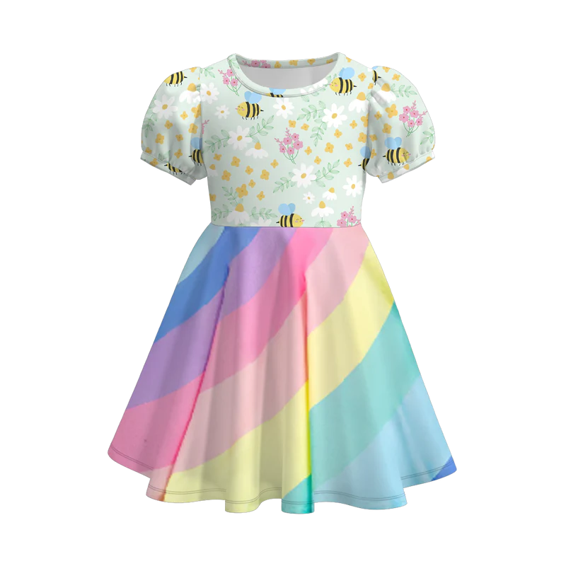 custom moq 3 flowers bee rainbow short sleeve girls dress