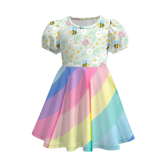 custom moq 3 flowers bee rainbow short sleeve girls dress