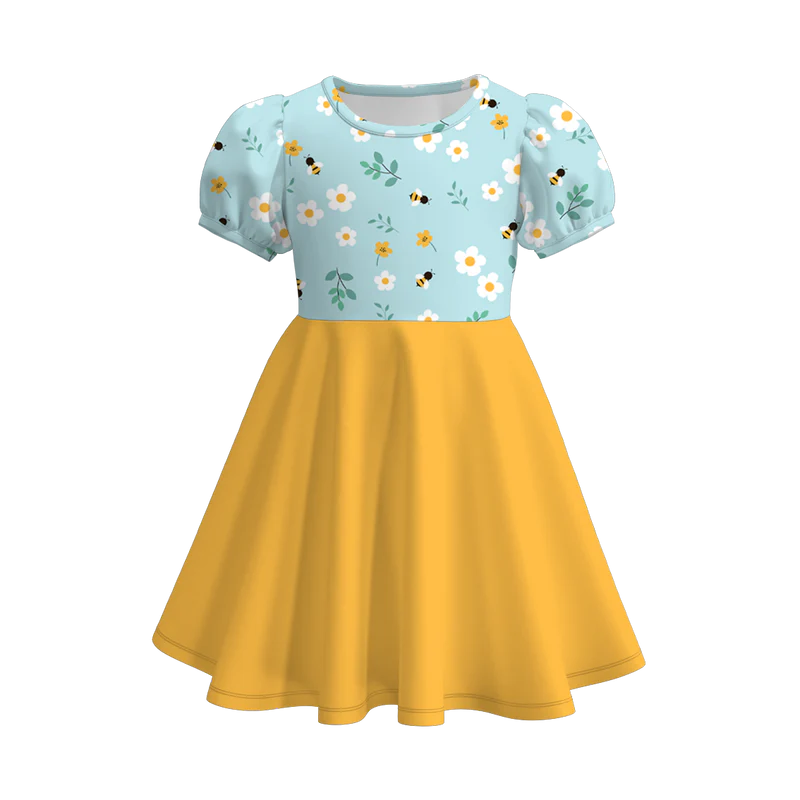 custom moq 3 flowers bee yellow short sleeve girls dress