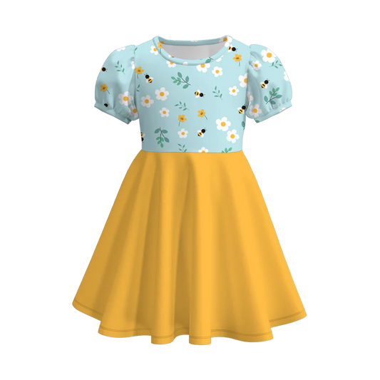 custom moq 3 flowers bee yellow short sleeve girls dress