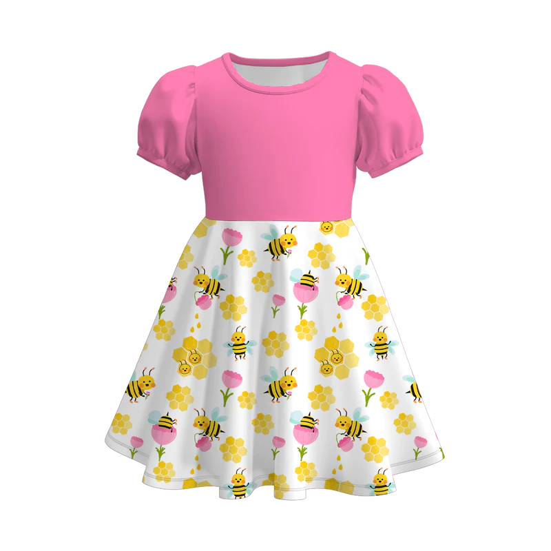 custom moq 3 flowers bee hot pink short sleeve girls dress