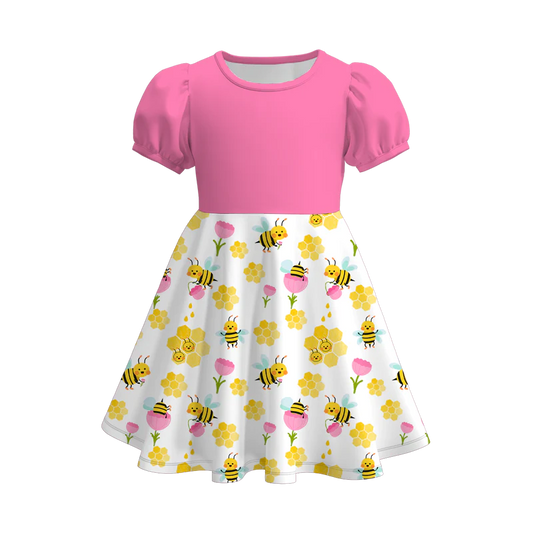custom moq 3 flowers bee hot pink short sleeve girls dress