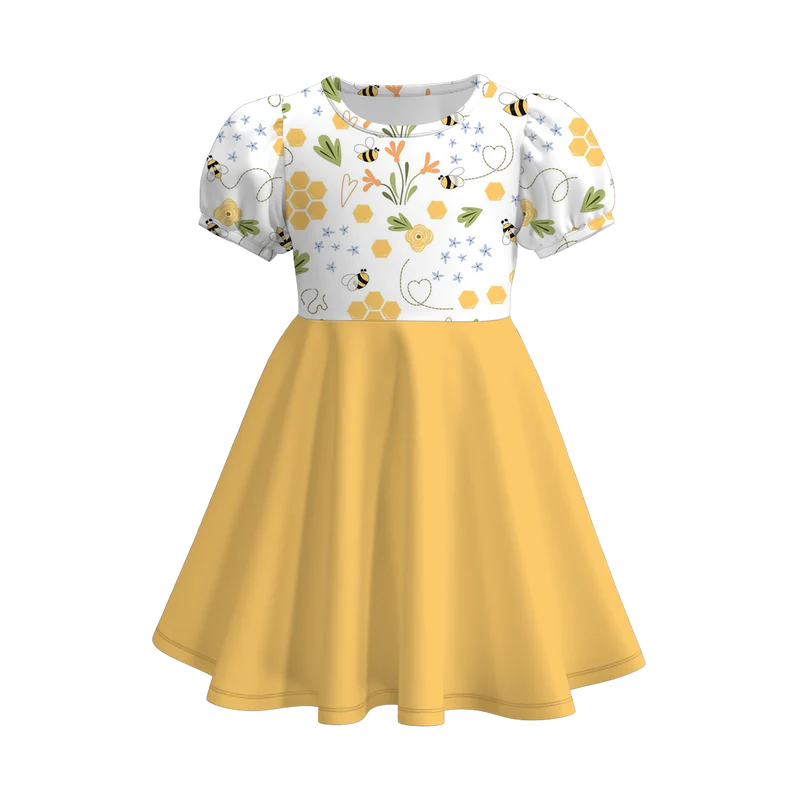 custom moq 3 flowers bee yellow short sleeve girls dress