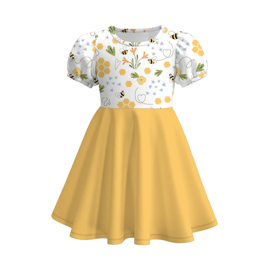 custom moq 3 flowers bee yellow short sleeve girls dress