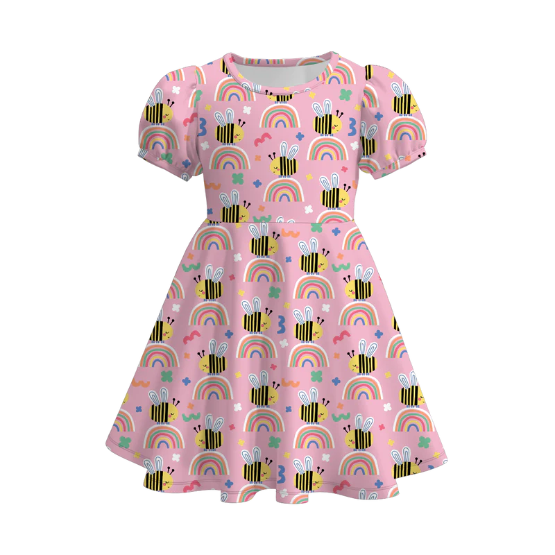 custom moq 3 flowers bee rainbow pink short sleeve girls dress