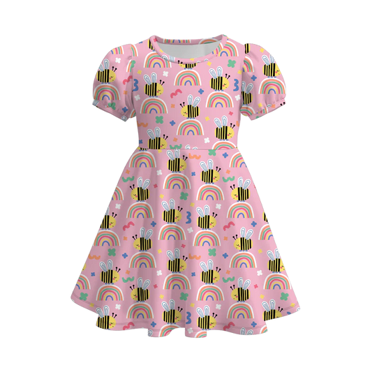 custom moq 3 flowers bee rainbow pink short sleeve girls dress