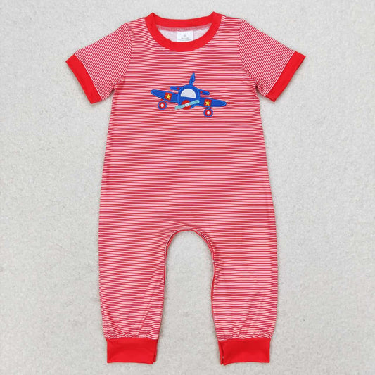 SR1043 embroidery Blue Plane Red Striped Short Sleeve Boys Romper