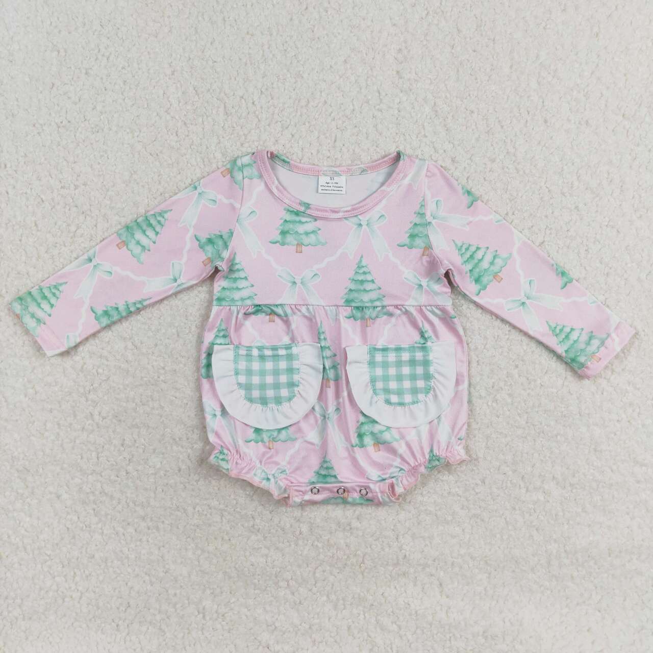 LR1018 Christmas green tree bow pink pockets girls romper
