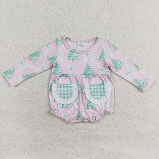 LR1018 Christmas green tree bow pink pockets girls romper