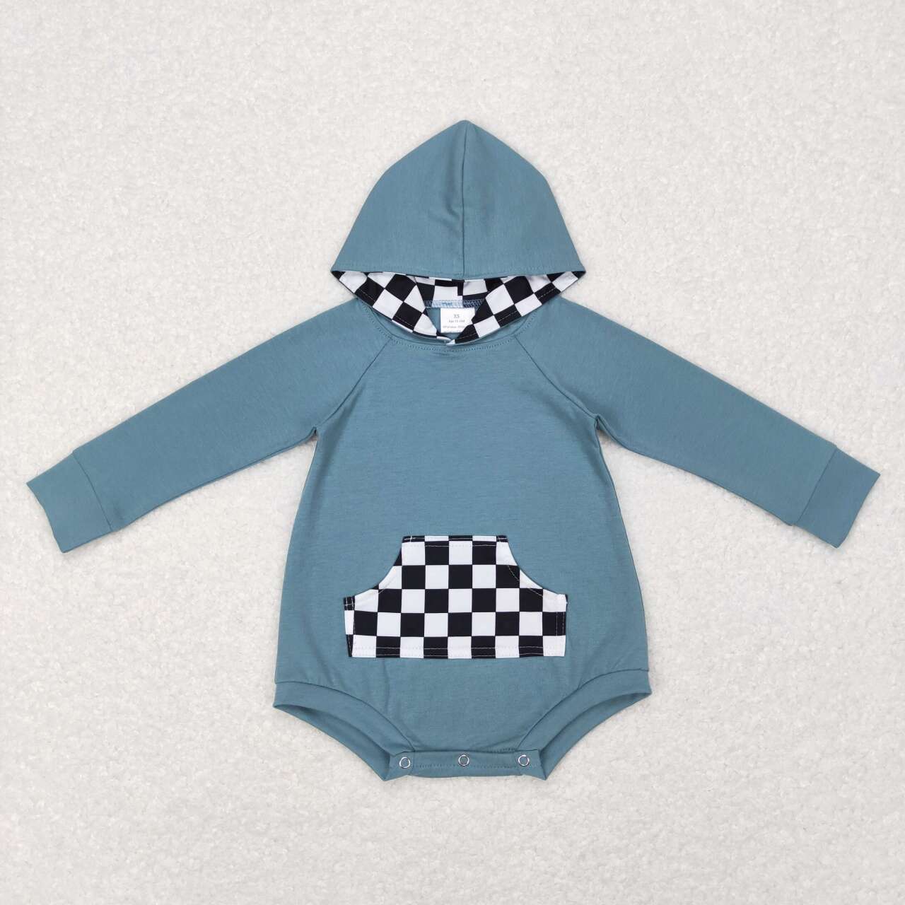 LR0759 Black & white checkered blue hoodie long sleeve kids romper