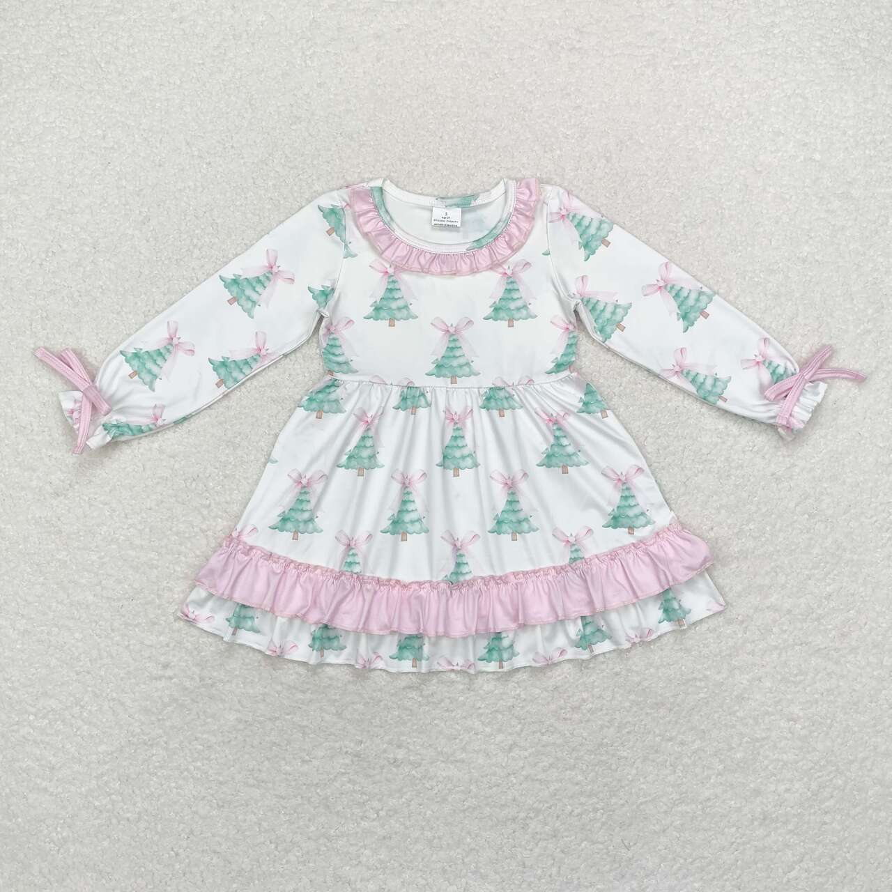 GLD0740 Christmas tree pink bows long sleeve girls dress