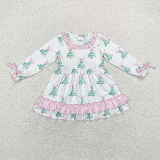 GLD0740 Christmas tree pink bows long sleeve girls dress