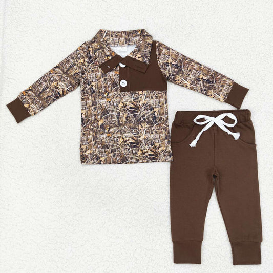 BLP0495 hunting camo branch long sleeve dark brown pants boys set