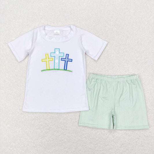 BSSO0337 Easter cross white short sleeve green striped shorts boys set