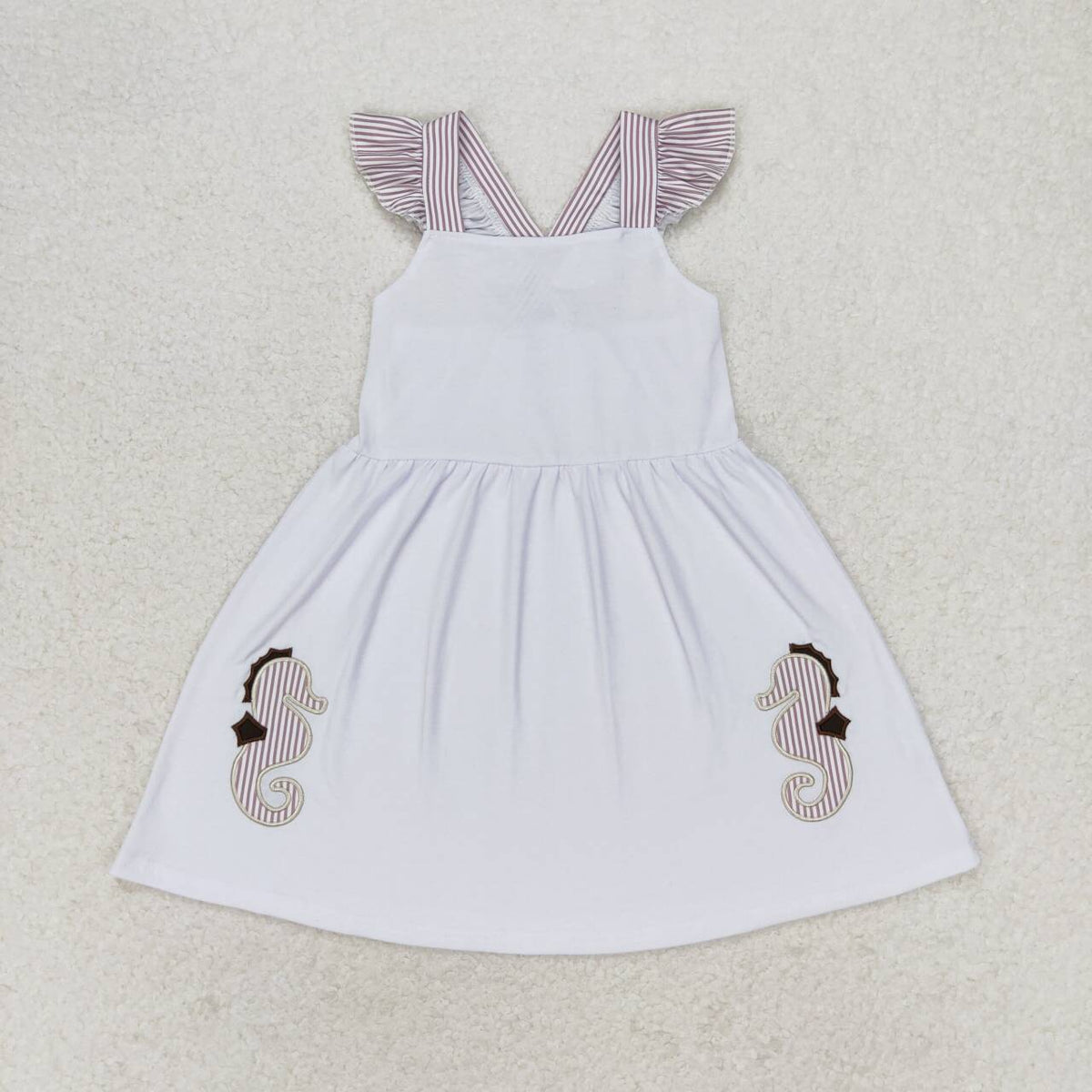 GSD1111 embroidery sea horse khaki striped flutter sleeve girls dress