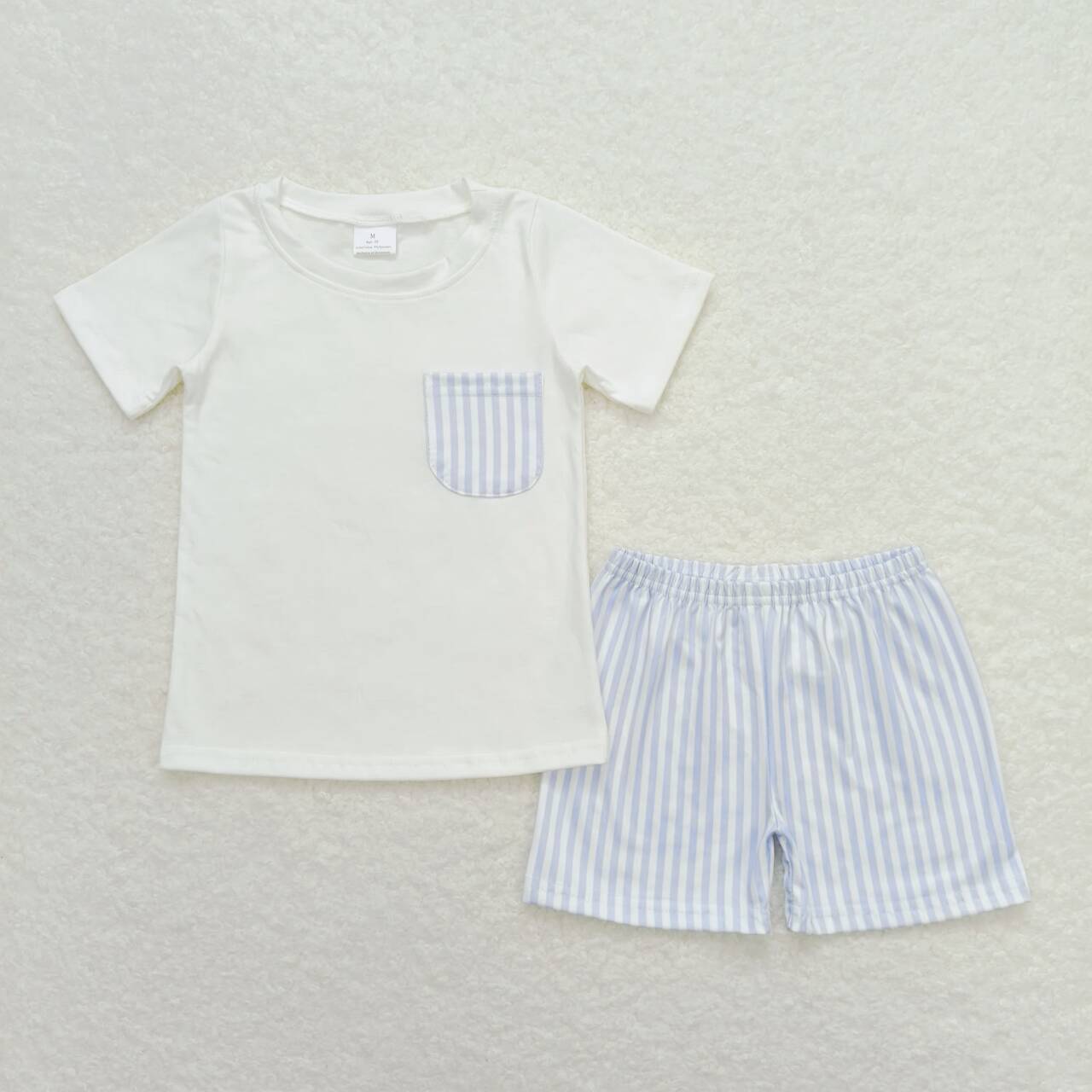 BSSO0764 white short sleeve pocket blue striped shorts boys set