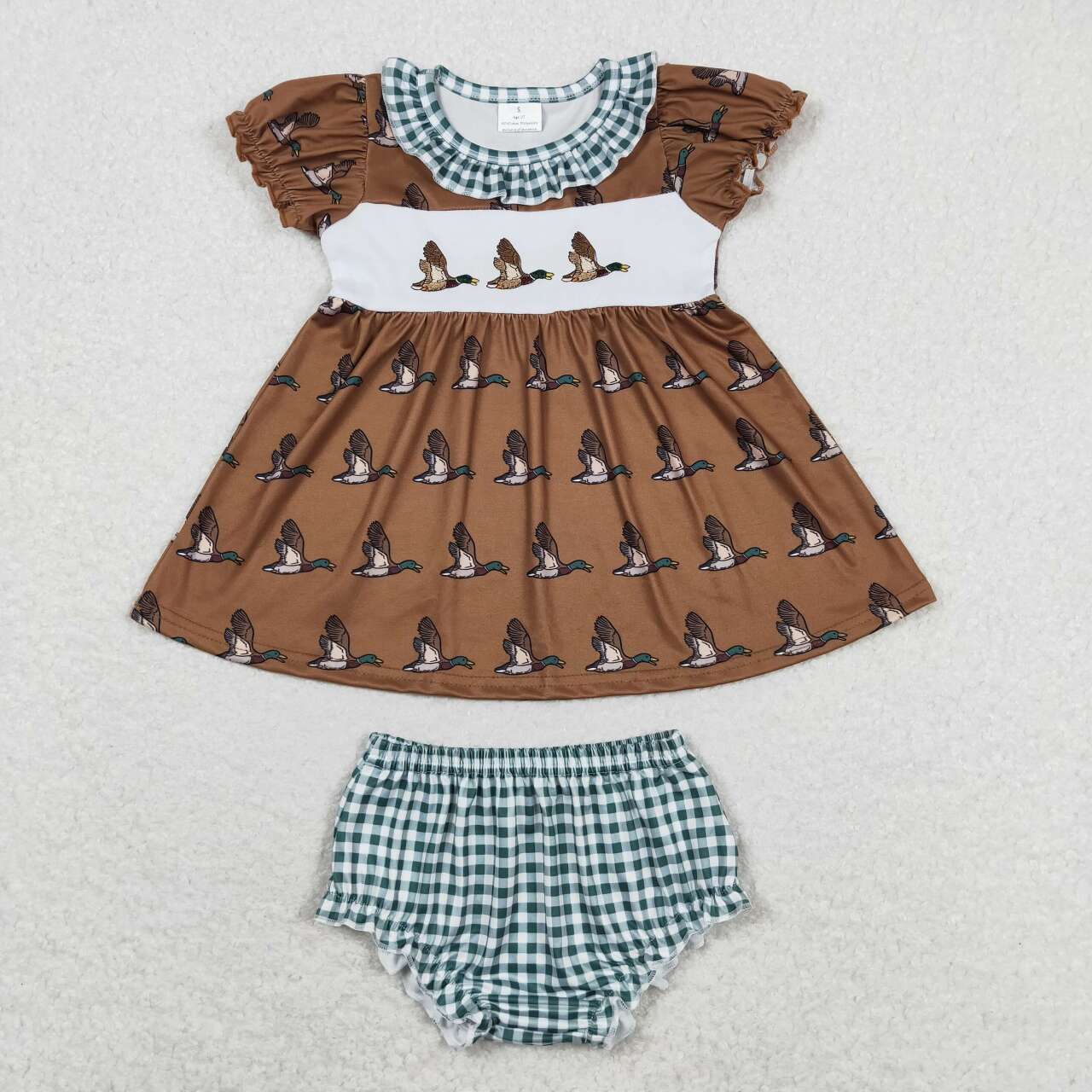 GBO0319 embroidery mallard duck brown short sleeve green checkered girls bummies set