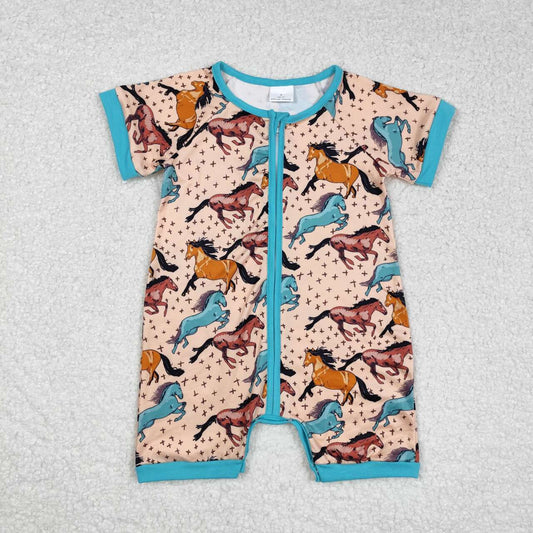SR0934 Colorful Horse Green Short Sleeve Zipper Boys Romper