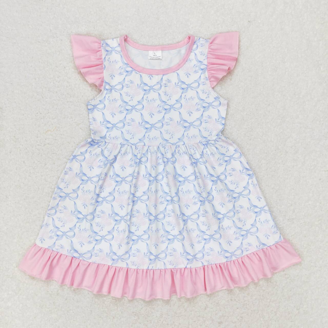 GSD1152 blue bow cartoon pink flutter sleeve girls dress