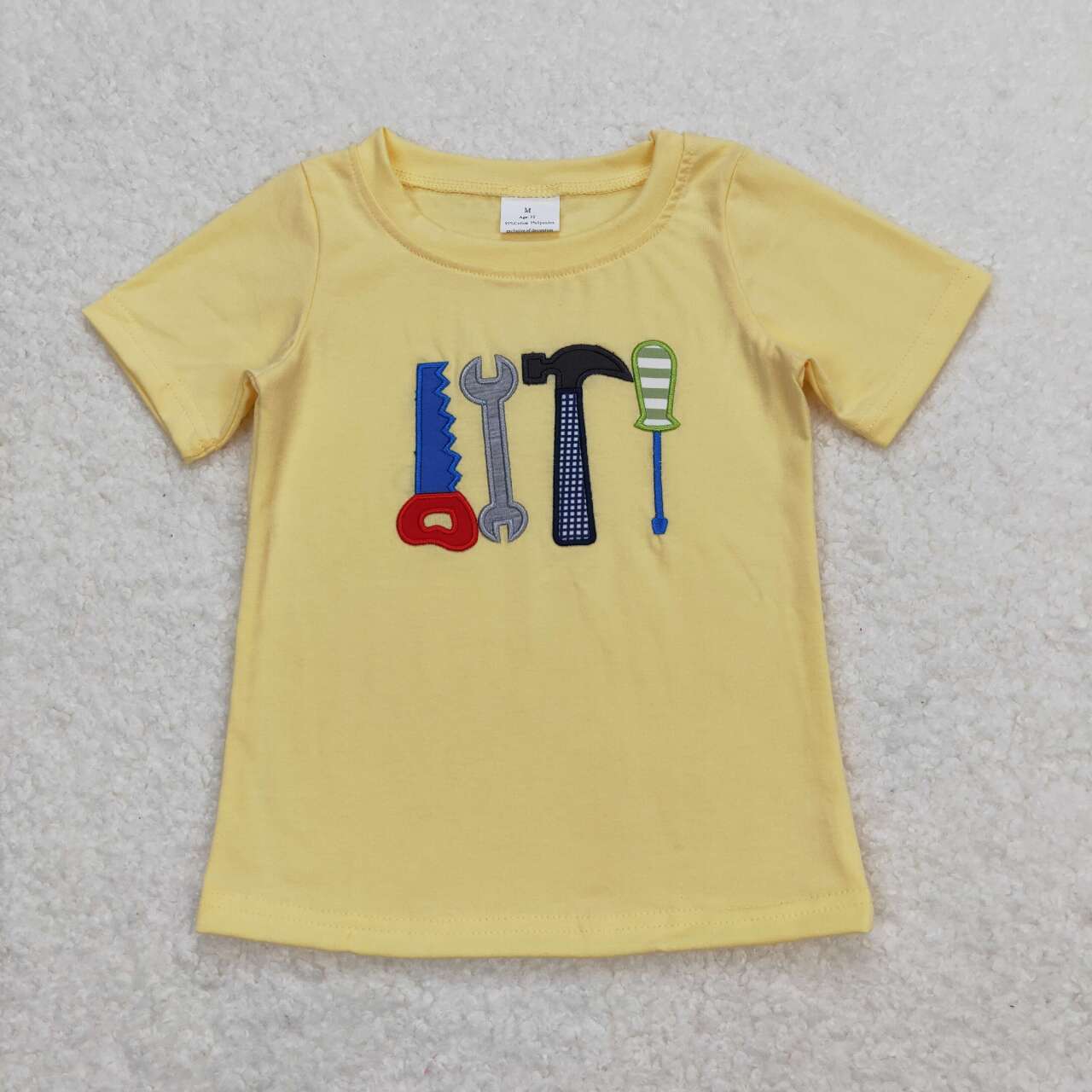 BT0575 embroidery Cartoon Tool Light Yellow Short Sleeve Boys Top