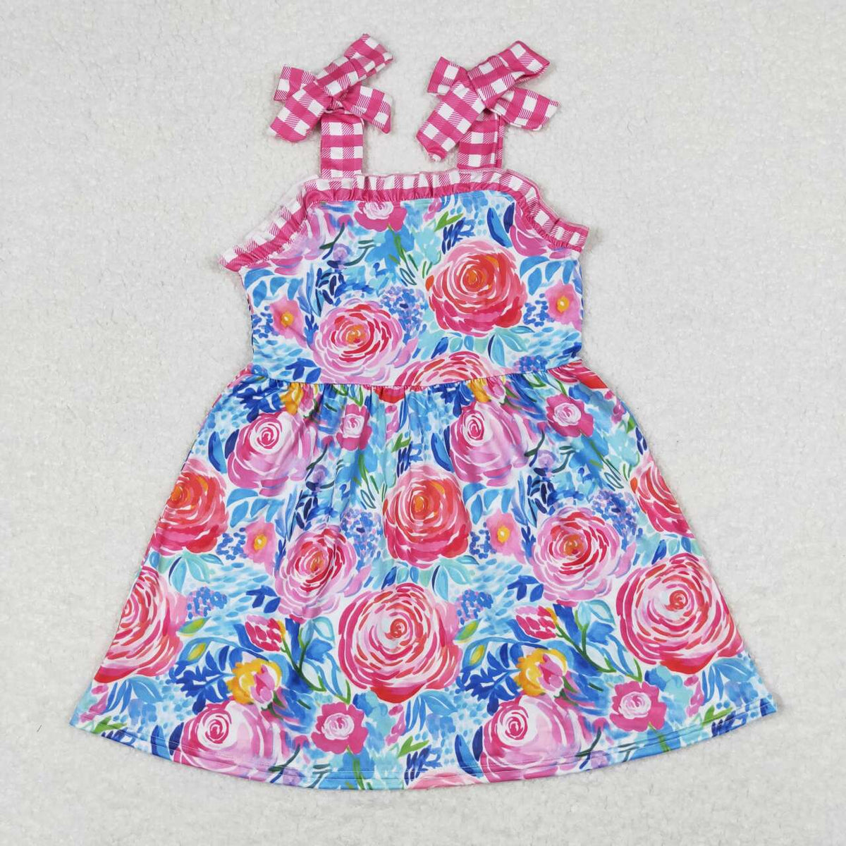GSD0895 Hot pink flowers blue girls dress