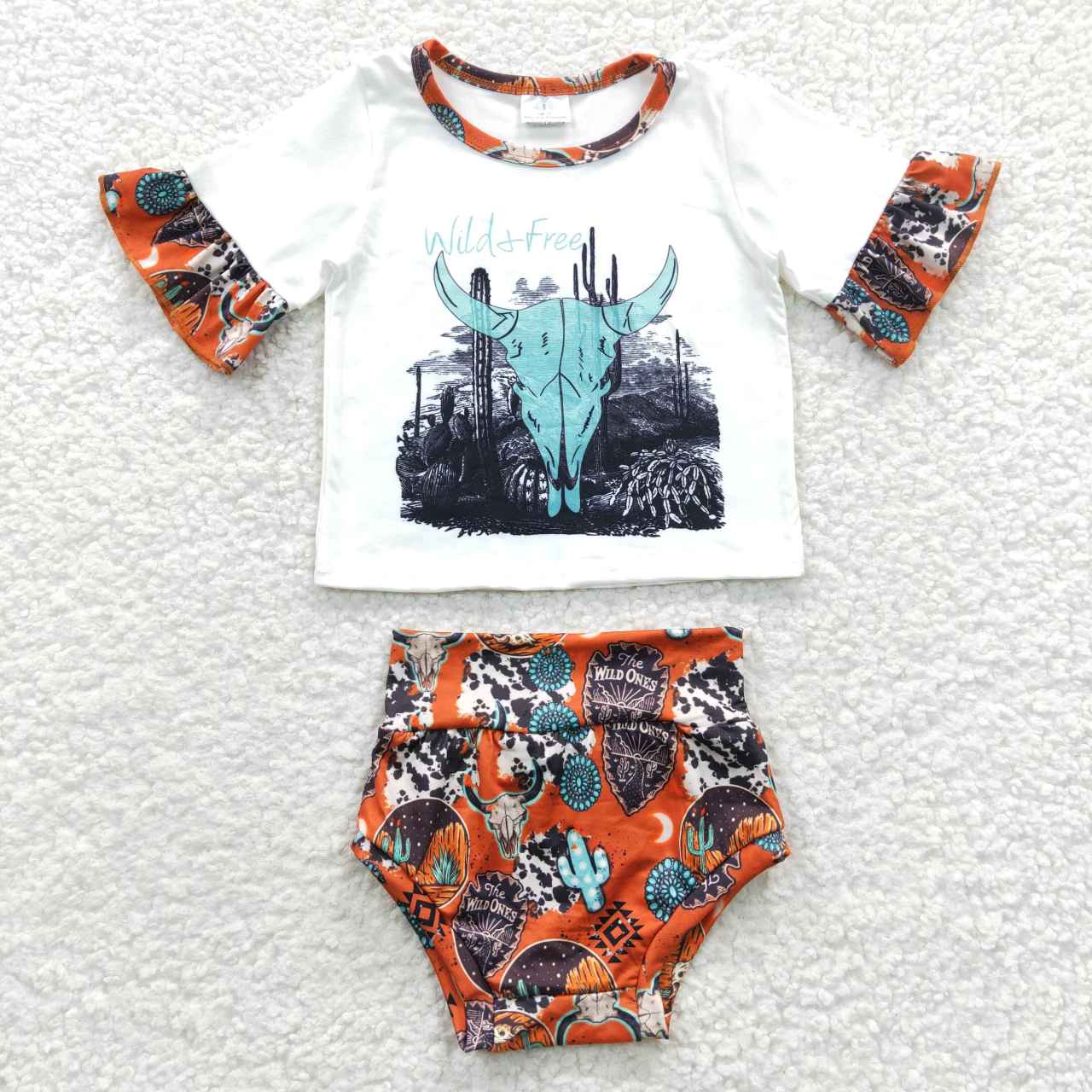 GBO0129 Blue Cow Skull Cactus Western Baby Kids Bummies Set