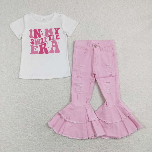 GSPO1402 In My white short sleeve pink bell-bottom denim pants girls set